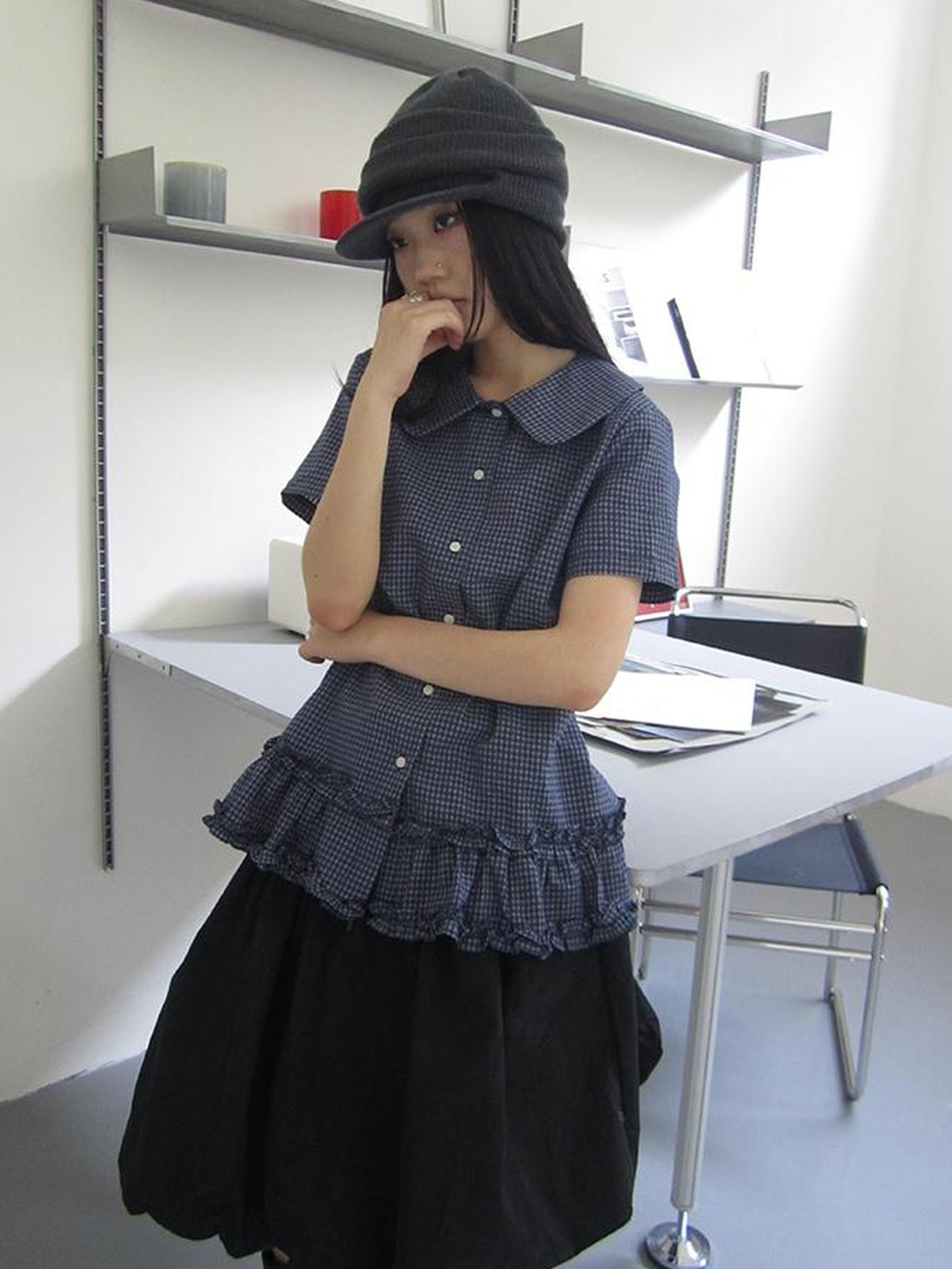 ang project Vintage Collar Checkered Ruffle Short Sleeve Shirt