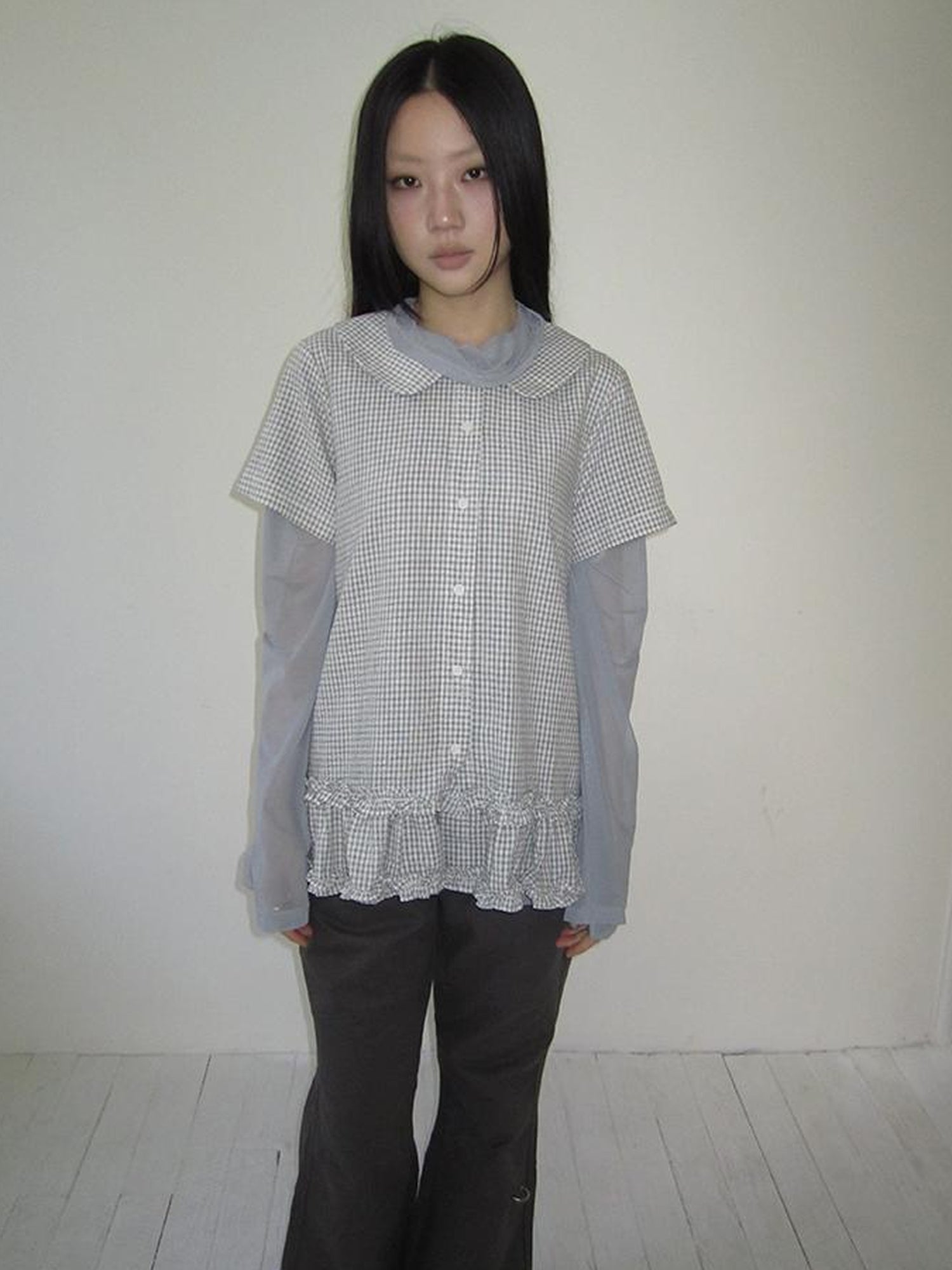 ang project Vintage Collar Checkered Ruffle Short Sleeve Shirt