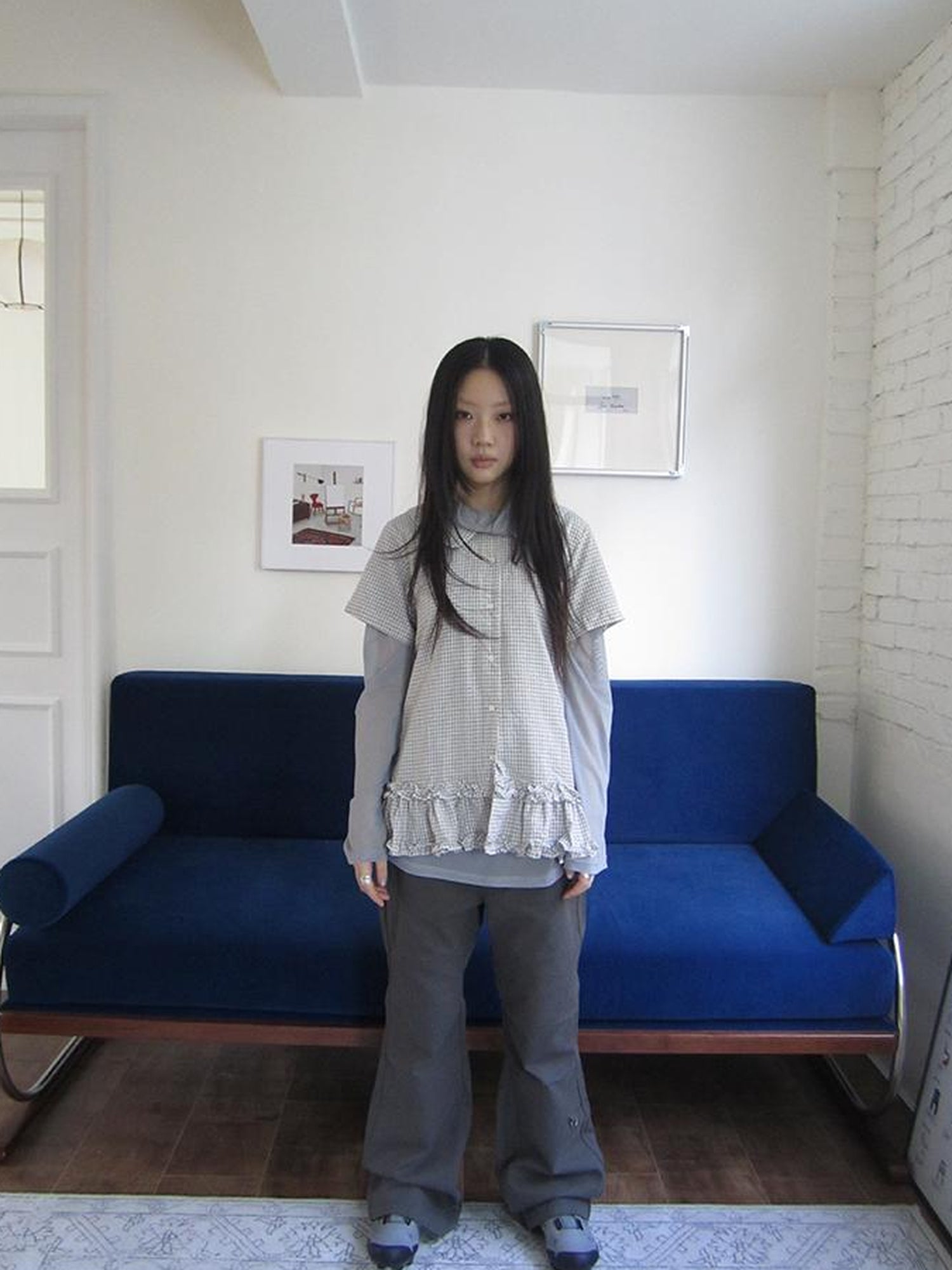 ang project Vintage Collar Checkered Ruffle Short Sleeve Shirt