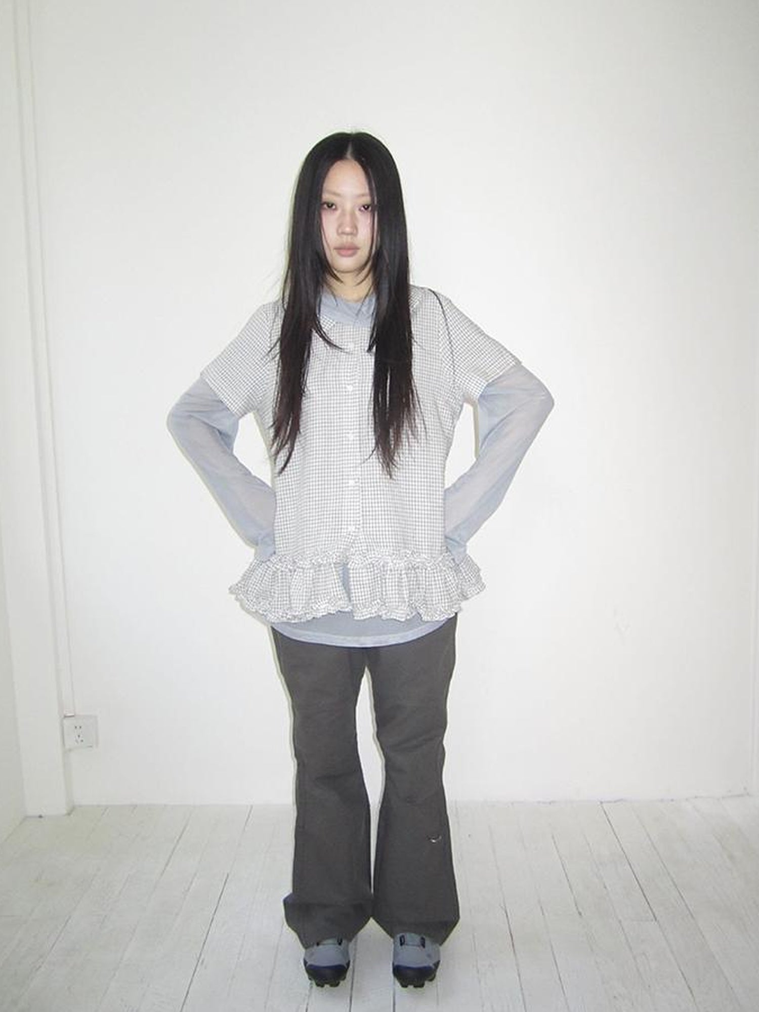 ang project Vintage Collar Checkered Ruffle Short Sleeve Shirt