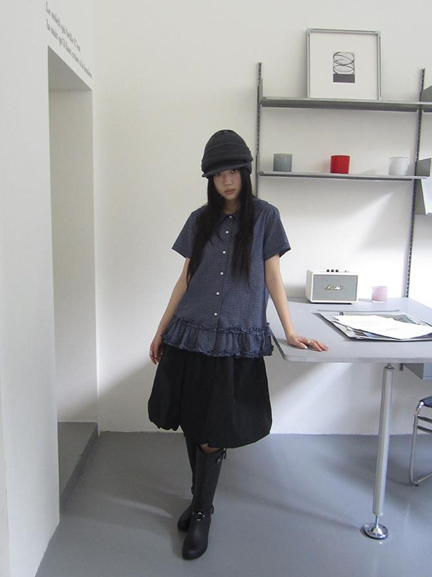 ang project Vintage Collar Checkered Ruffle Short Sleeve Shirt