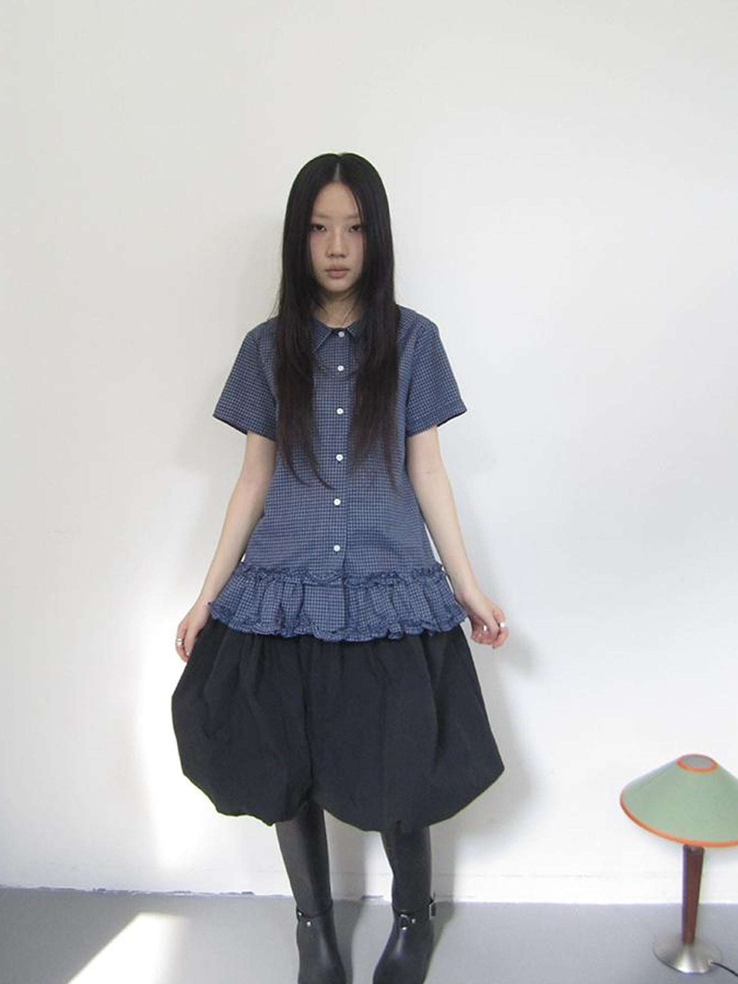 ang project Vintage Collar Checkered Ruffle Short Sleeve Shirt