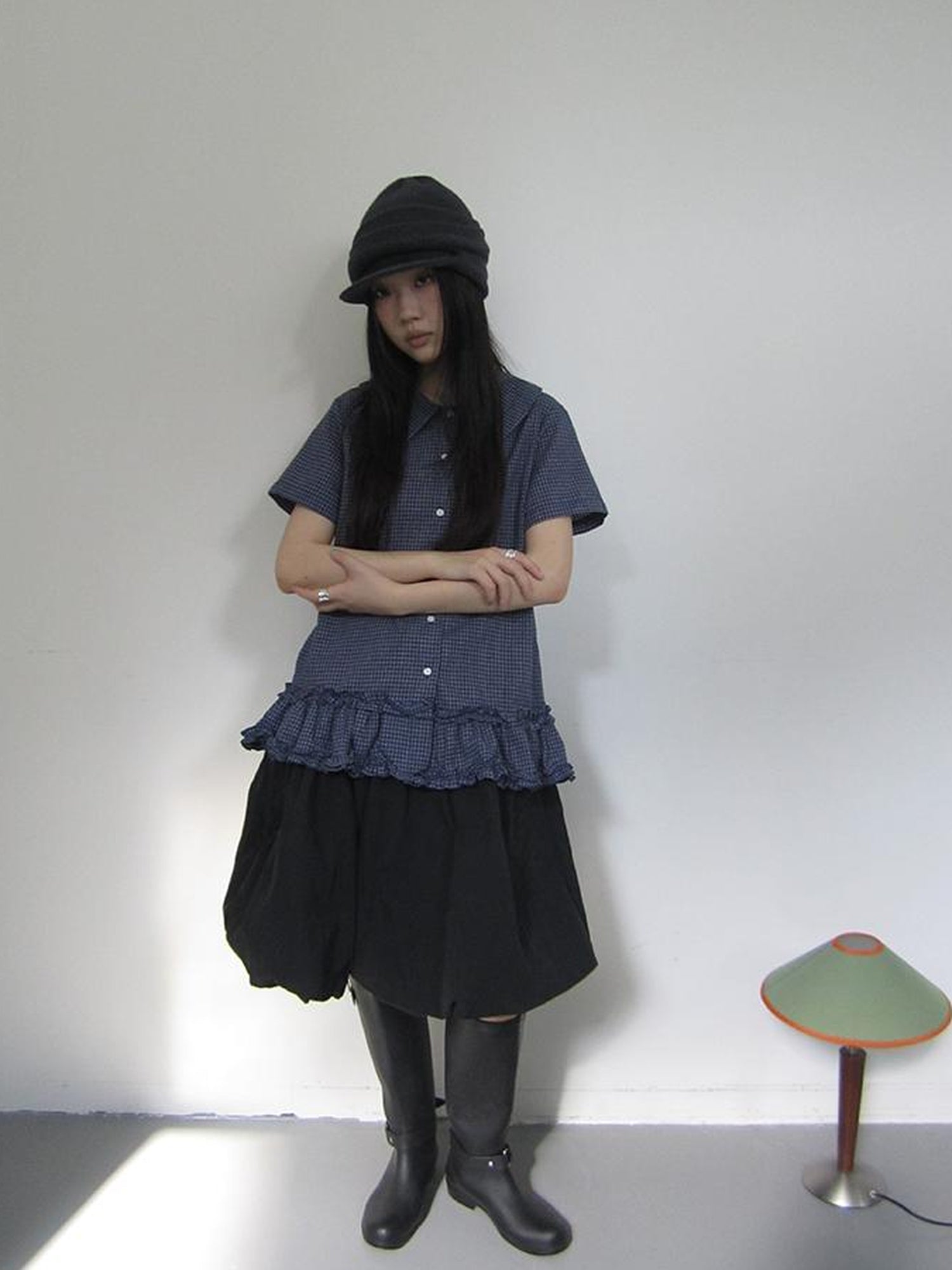 ang project Vintage Collar Checkered Ruffle Short Sleeve Shirt