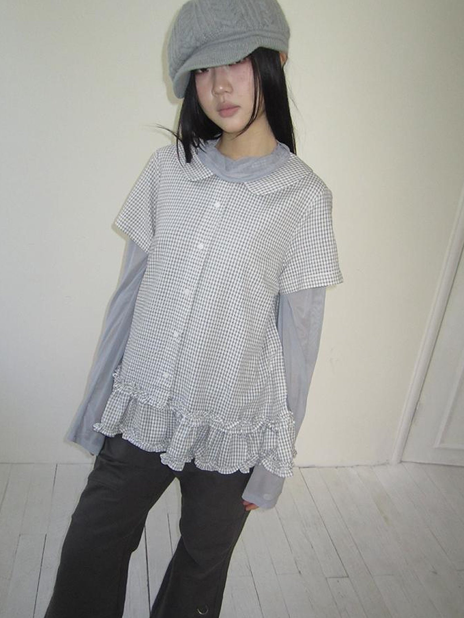 ang project Vintage Collar Checkered Ruffle Short Sleeve Shirt