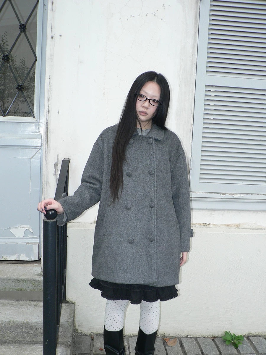 ang project Vintage Commuter Double Breasted Straight Cut Mid Length Lapel Gray Women Coat