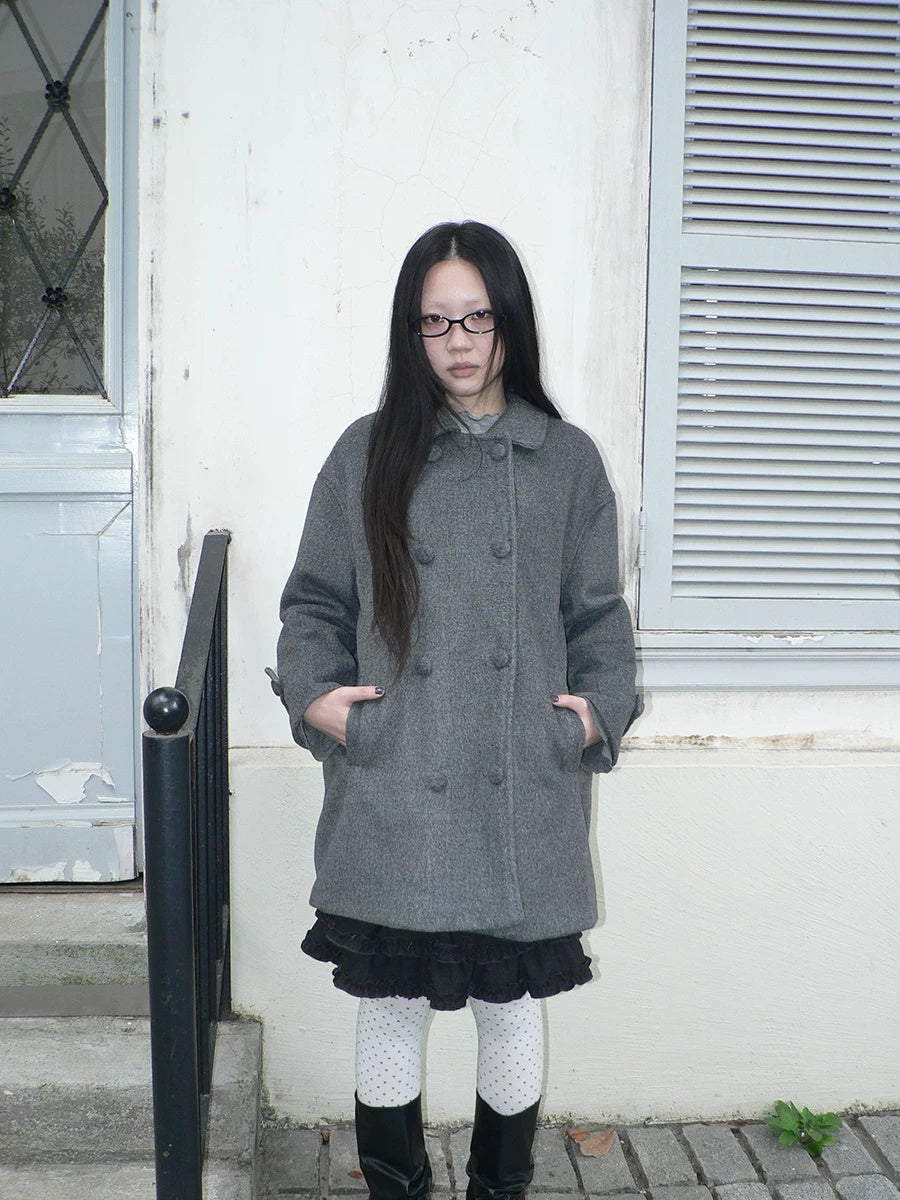 ang project Vintage Commuter Double Breasted Straight Cut Mid Length Lapel Gray Women Coat