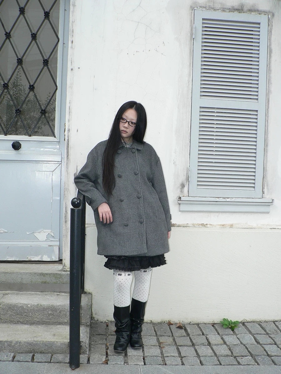 ang project Vintage Commuter Double Breasted Straight Cut Mid Length Lapel Gray Women Coat