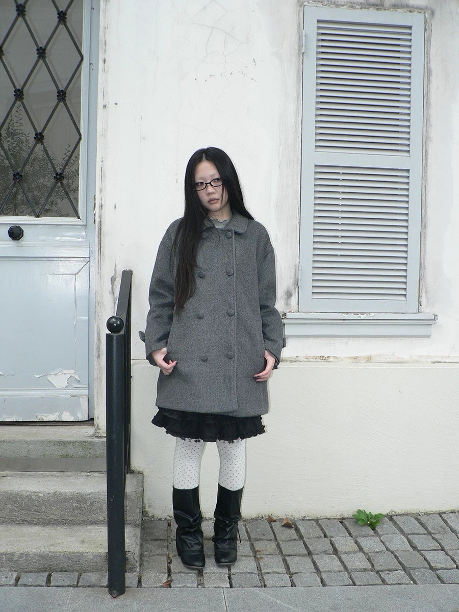 ang project Vintage Commuter Double Breasted Straight Cut Mid Length Lapel Gray Women Coat