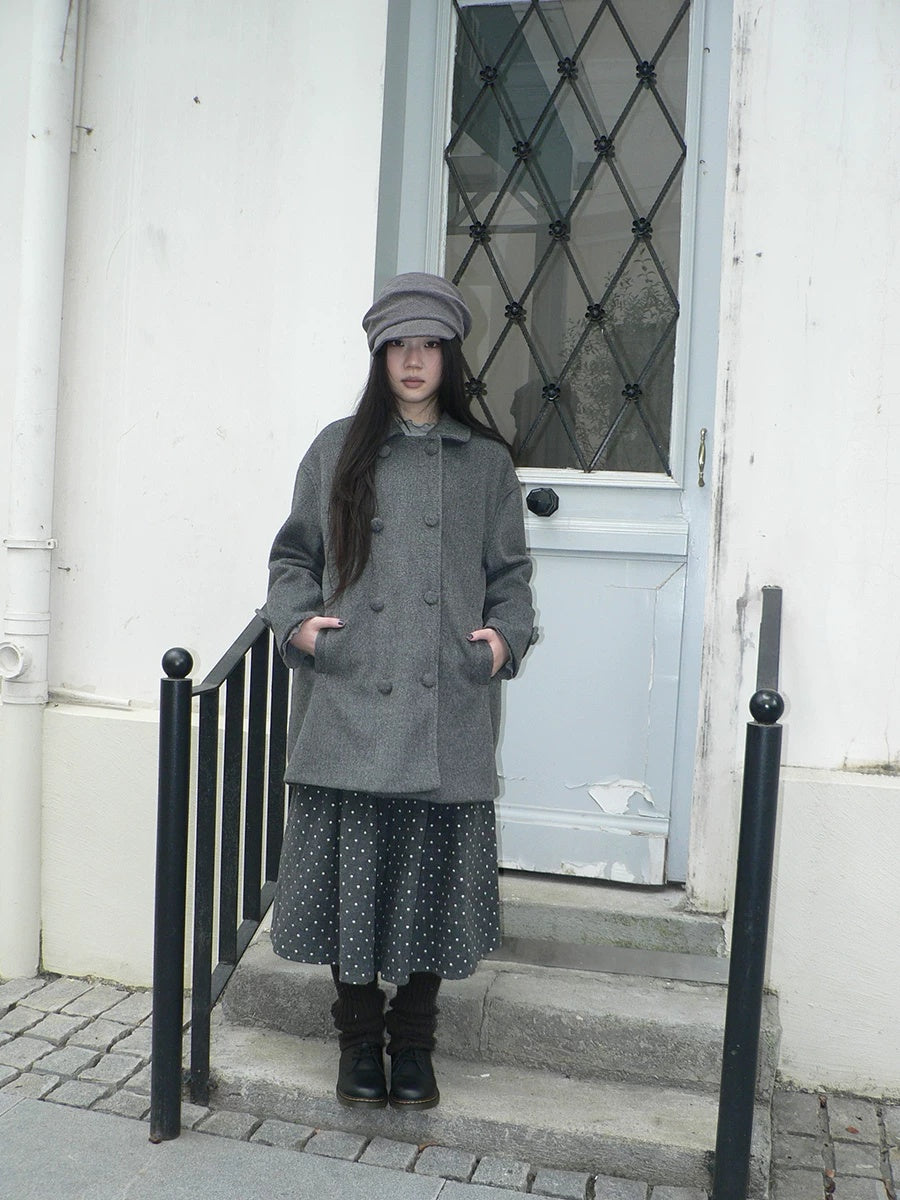 ang project Vintage Commuter Double Breasted Straight Cut Mid Length Lapel Gray Women Coat