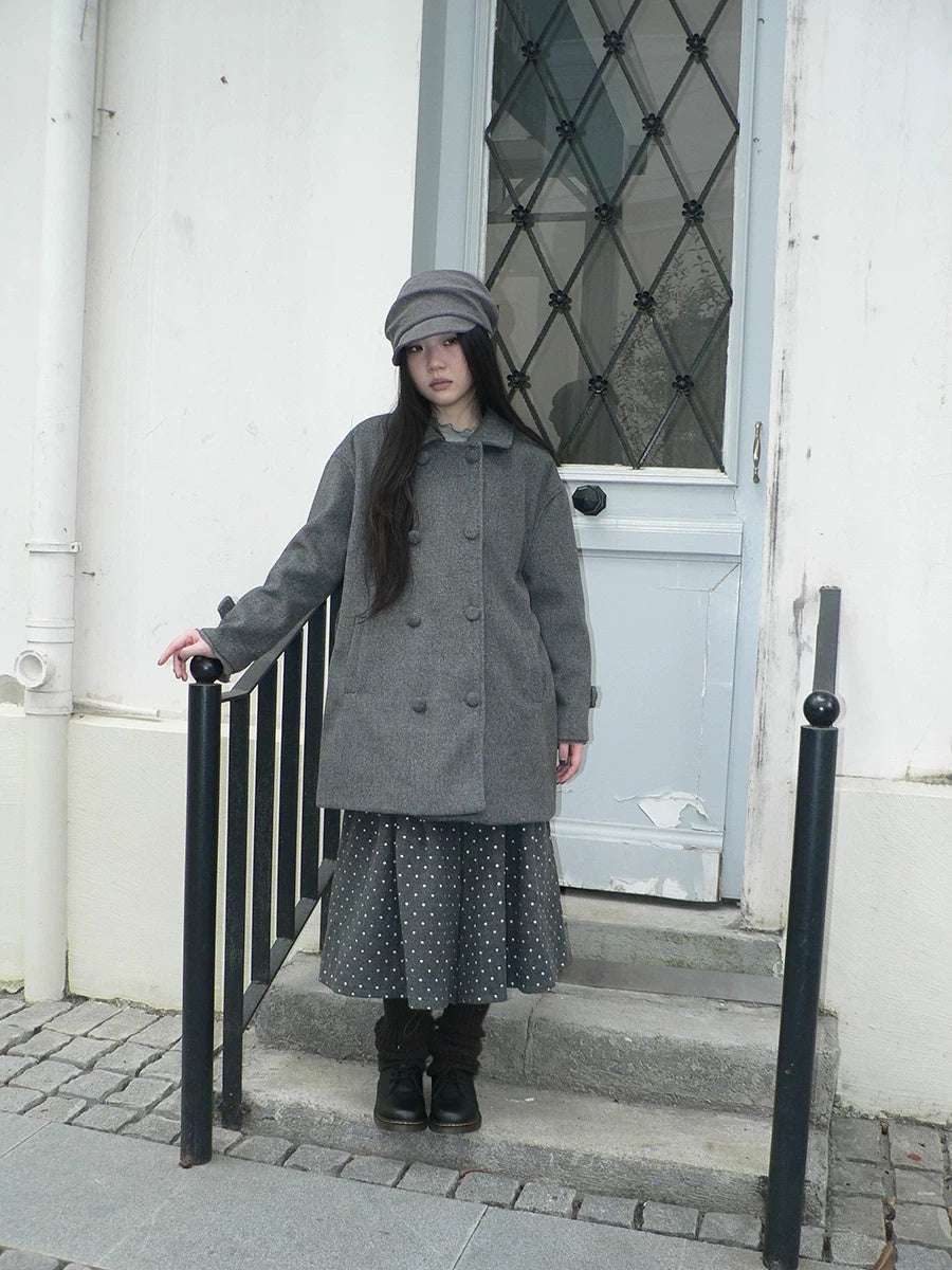 ang project Vintage Commuter Double Breasted Straight Cut Mid Length Lapel Gray Women Coat