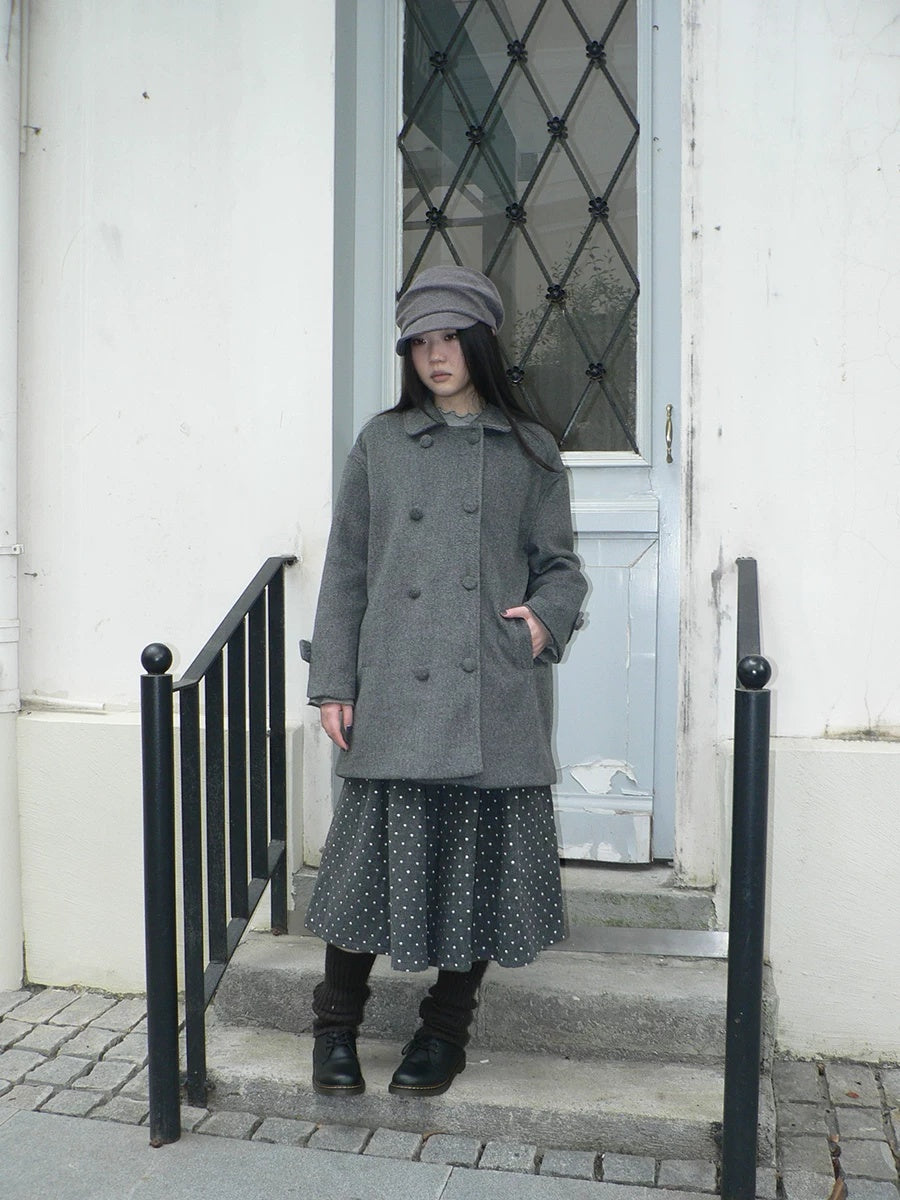 ang project Vintage Commuter Double Breasted Straight Cut Mid Length Lapel Gray Women Coat