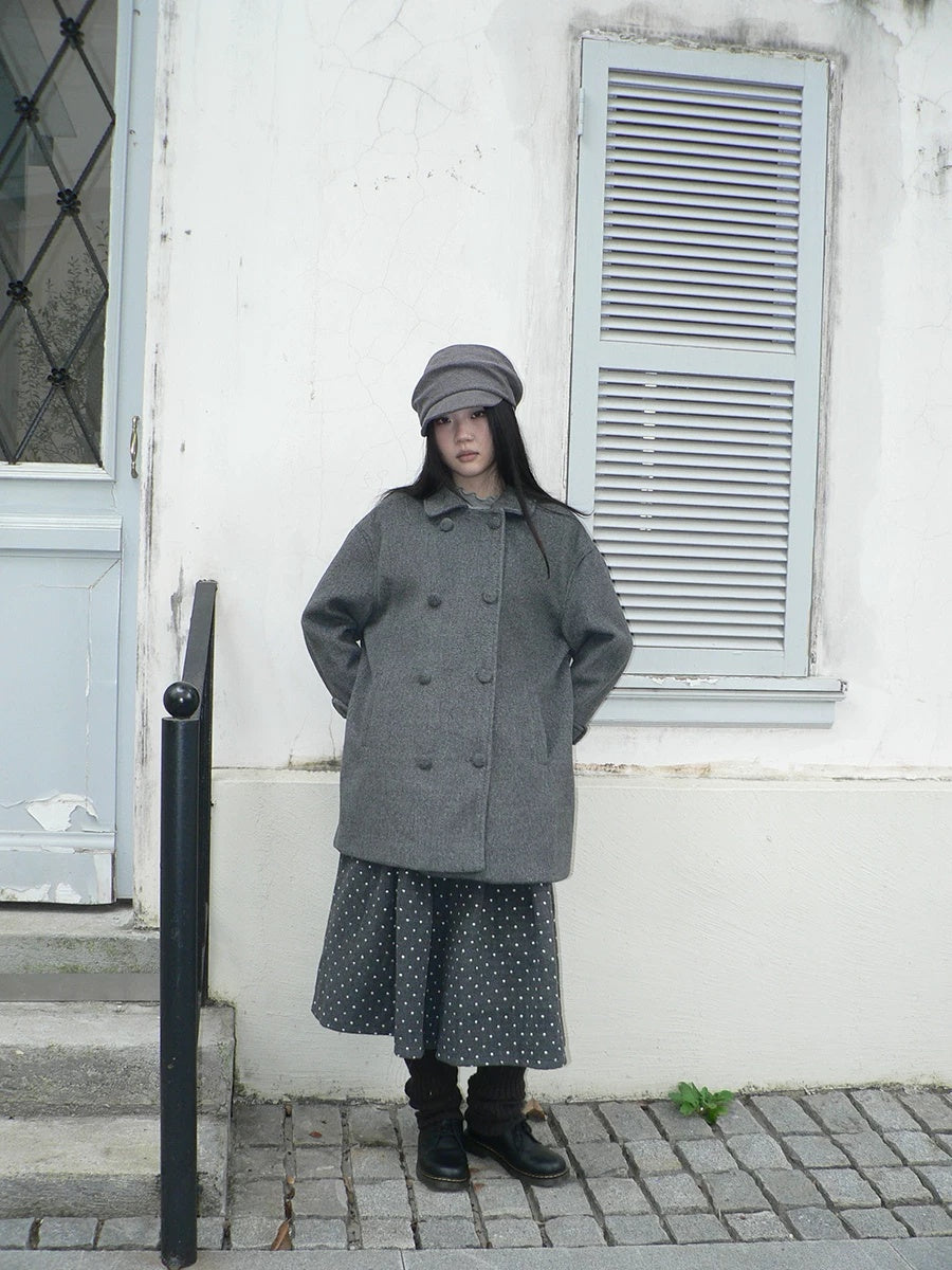 ang project Vintage Commuter Double Breasted Straight Cut Mid Length Lapel Gray Women Coat