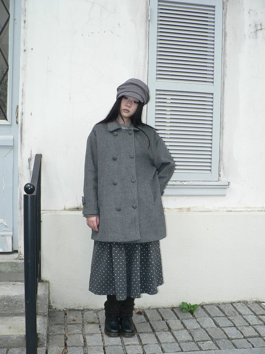 ang project Vintage Commuter Double Breasted Straight Cut Mid Length Lapel Gray Women Coat