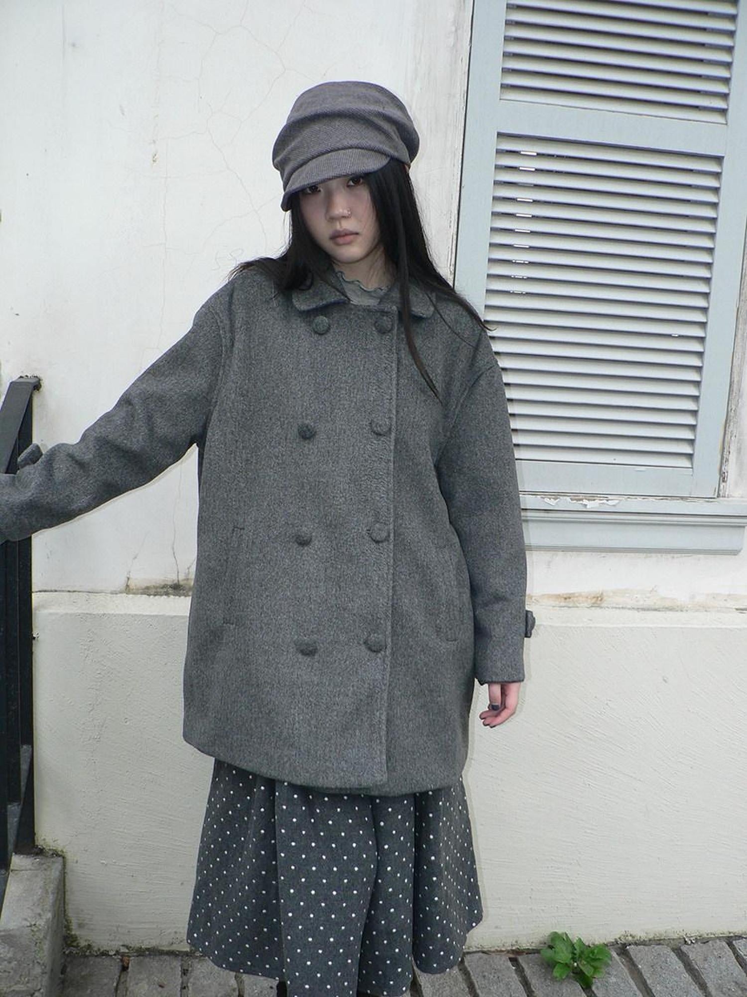 ang project Vintage Commuter Double Breasted Straight Cut Mid Length Lapel Gray Women Coat