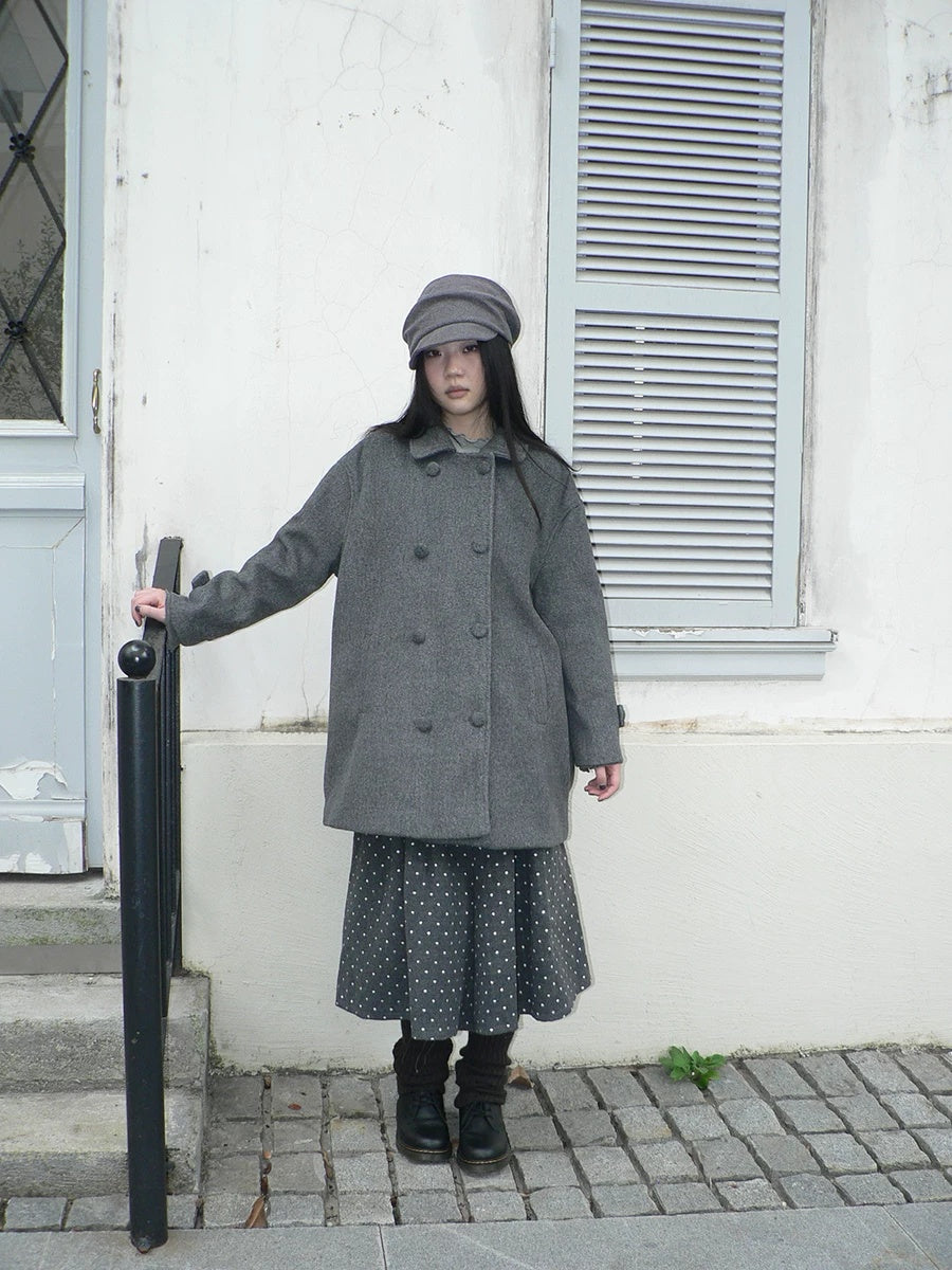 ang project Vintage Commuter Double Breasted Straight Cut Mid Length Lapel Gray Women Coat