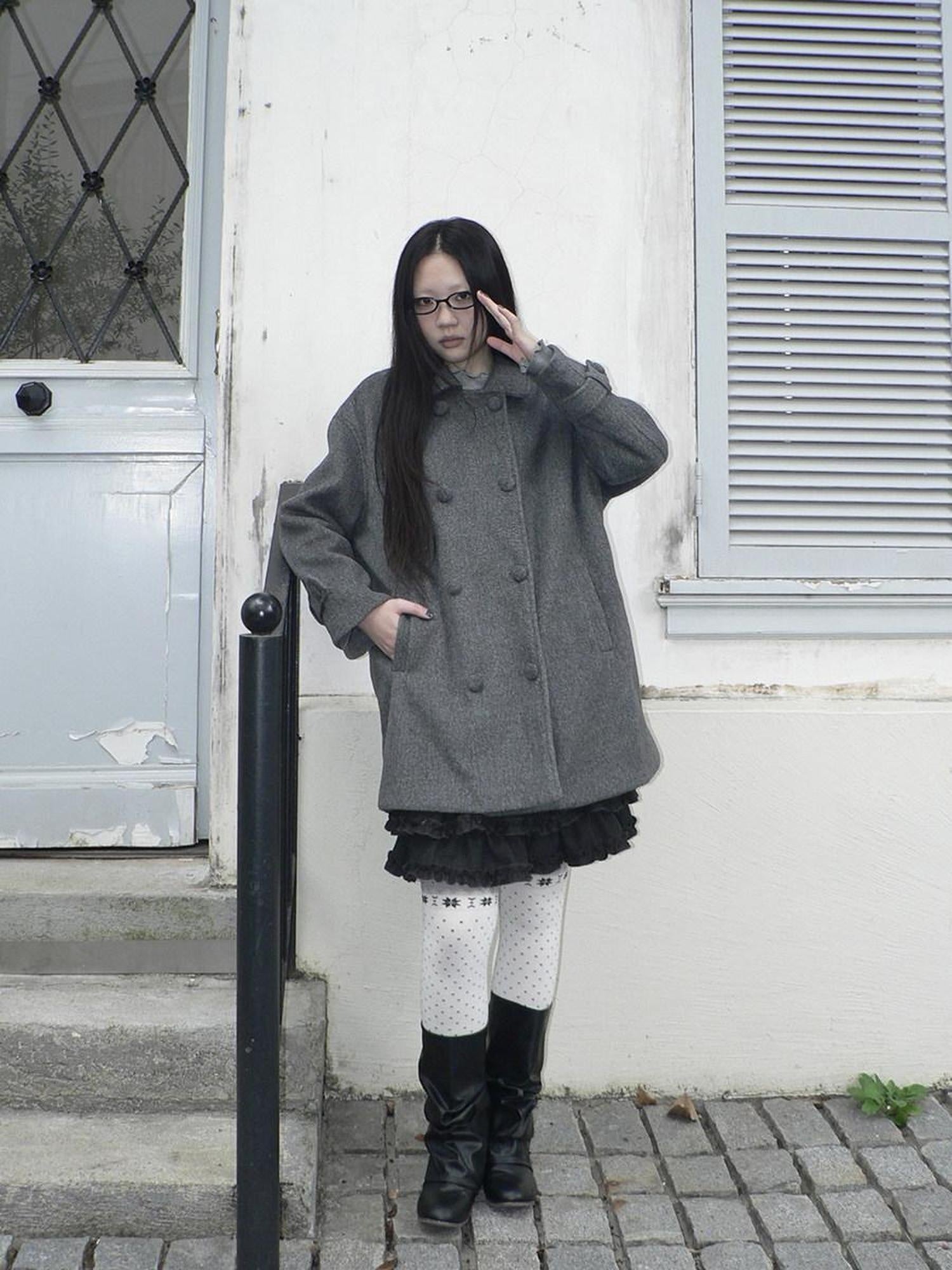 ang project Vintage Commuter Double Breasted Straight Cut Mid Length Lapel Gray Women Coat