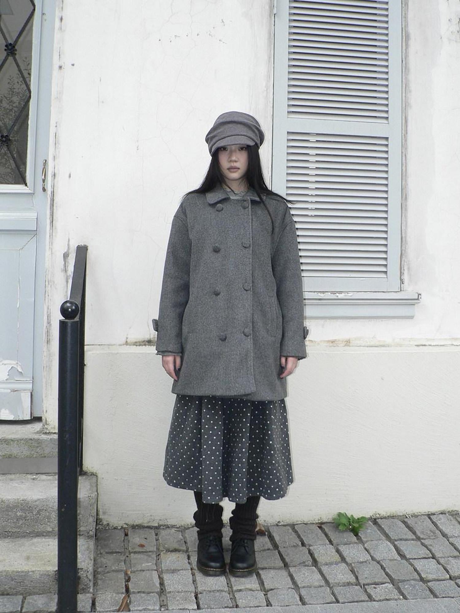 ang project Vintage Commuter Double Breasted Straight Cut Mid Length Lapel Gray Women Coat