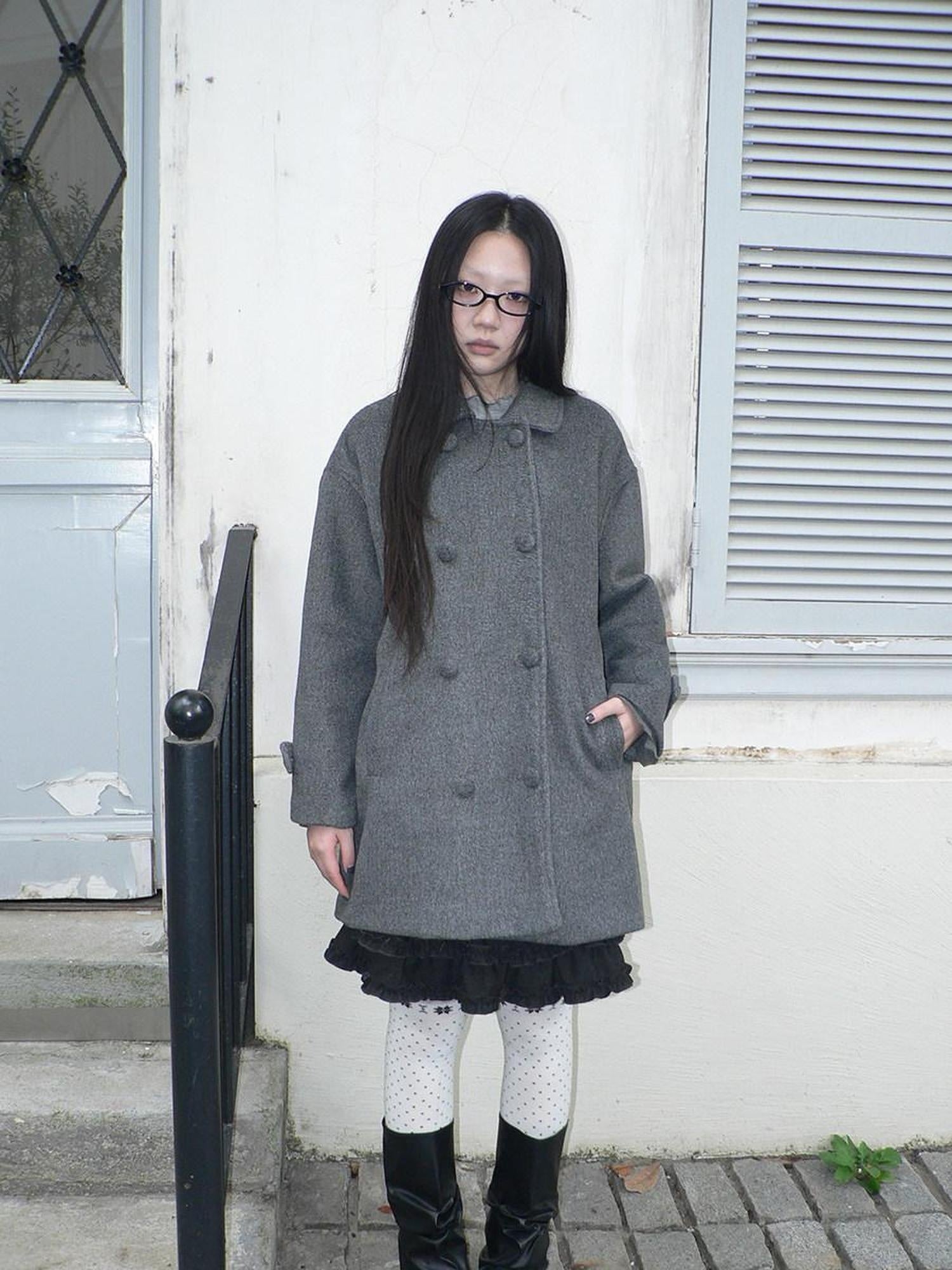 ang project Vintage Commuter Double Breasted Straight Cut Mid Length Lapel Gray Women Coat