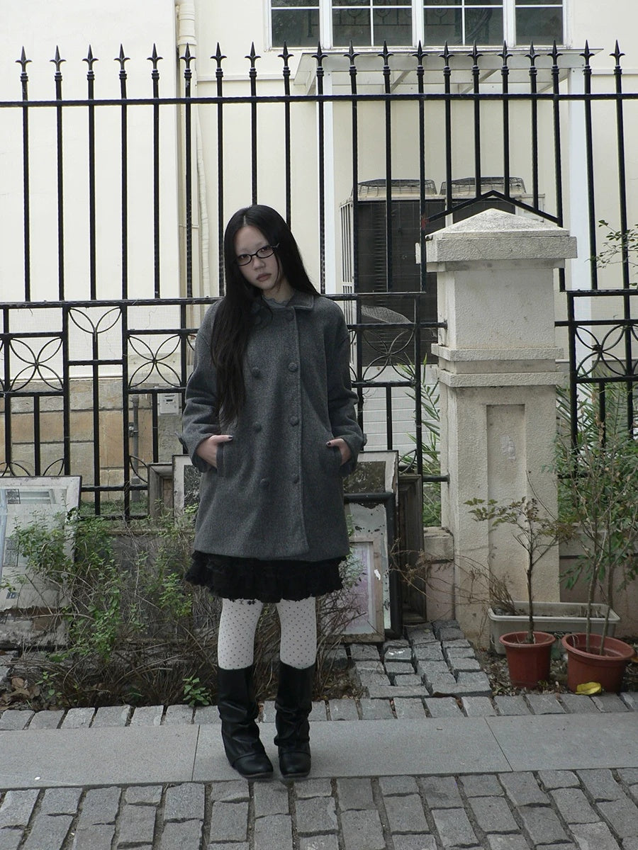 ang project Vintage Commuter Double Breasted Straight Cut Mid Length Lapel Gray Women Coat