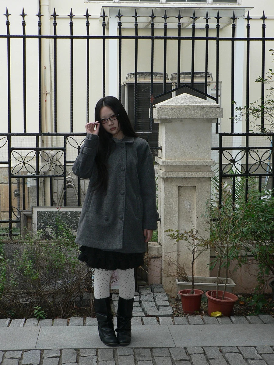 ang project Vintage Commuter Double Breasted Straight Cut Mid Length Lapel Gray Women Coat