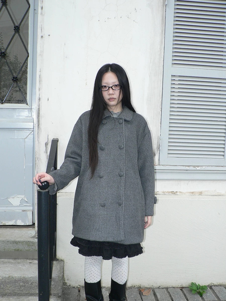 ang project Vintage Commuter Double Breasted Straight Cut Mid Length Lapel Gray Women Coat