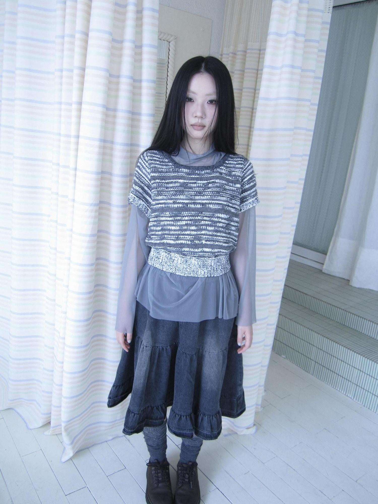 ang project Vintage Contrast Striped Cropped Slim Waist Short Sleeve Women&