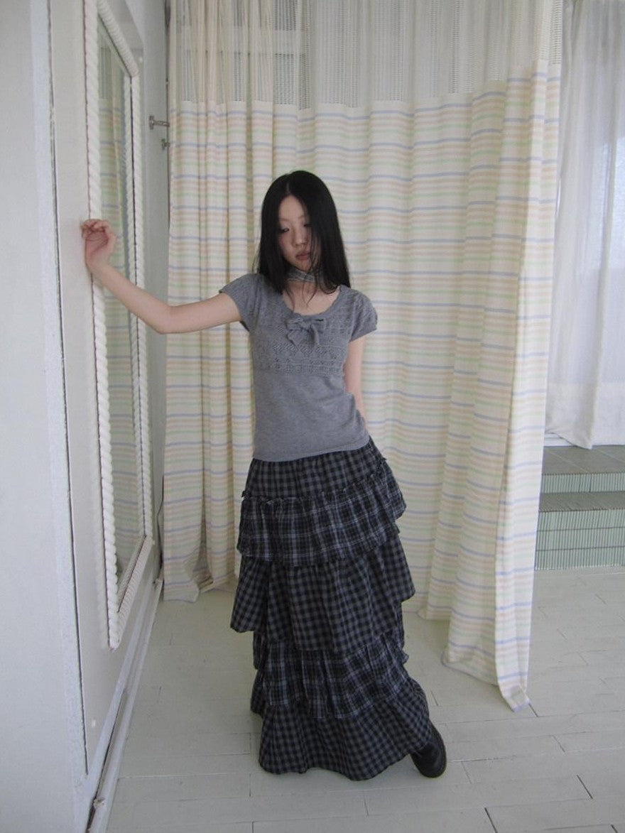 ang project Vintage Cute 3D Bow Cutout Round Neck Slim Fit Short Sleeve Women&