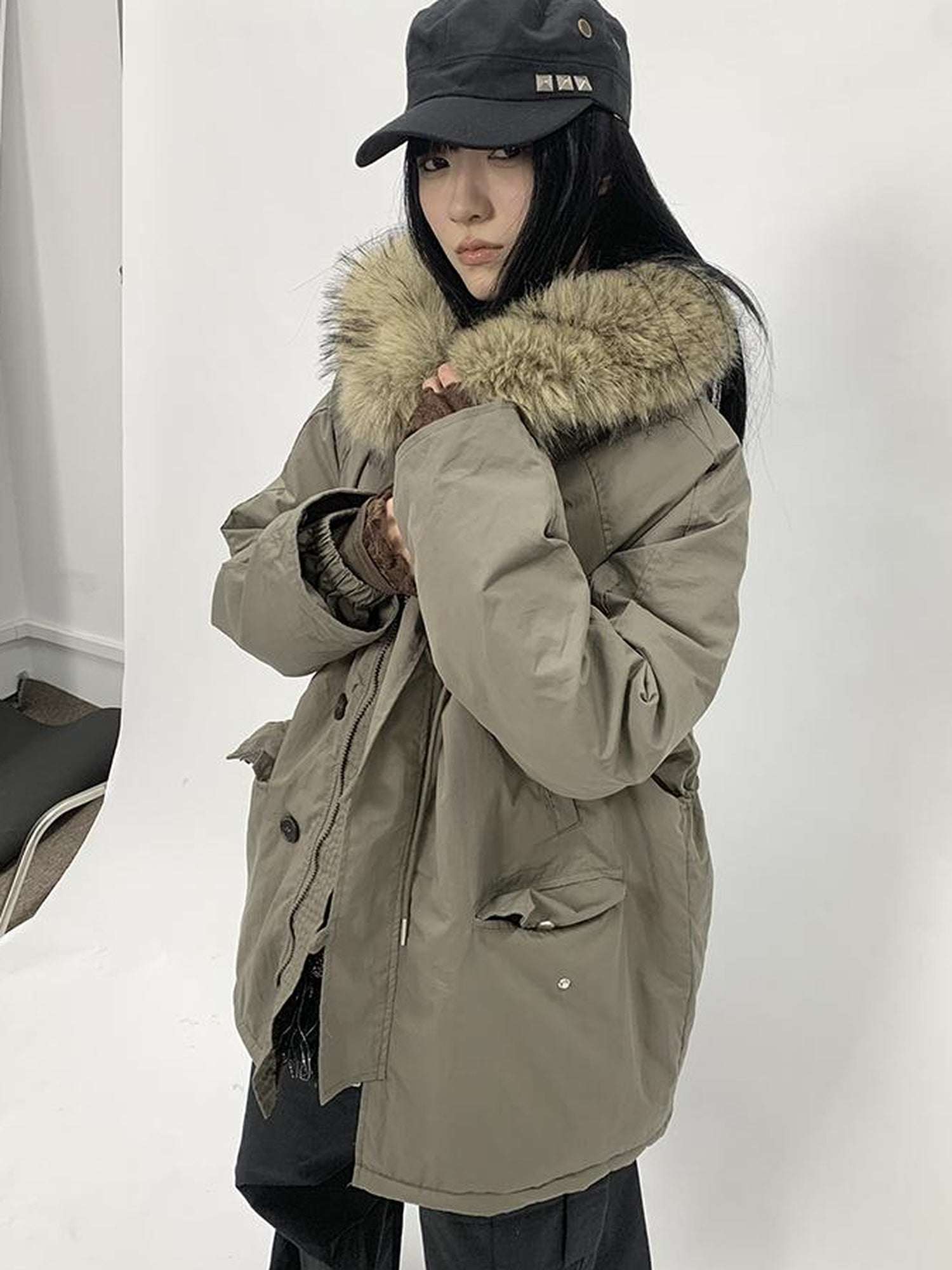 ang project Vintage Detachable Fur Hood Parka Winter Coat