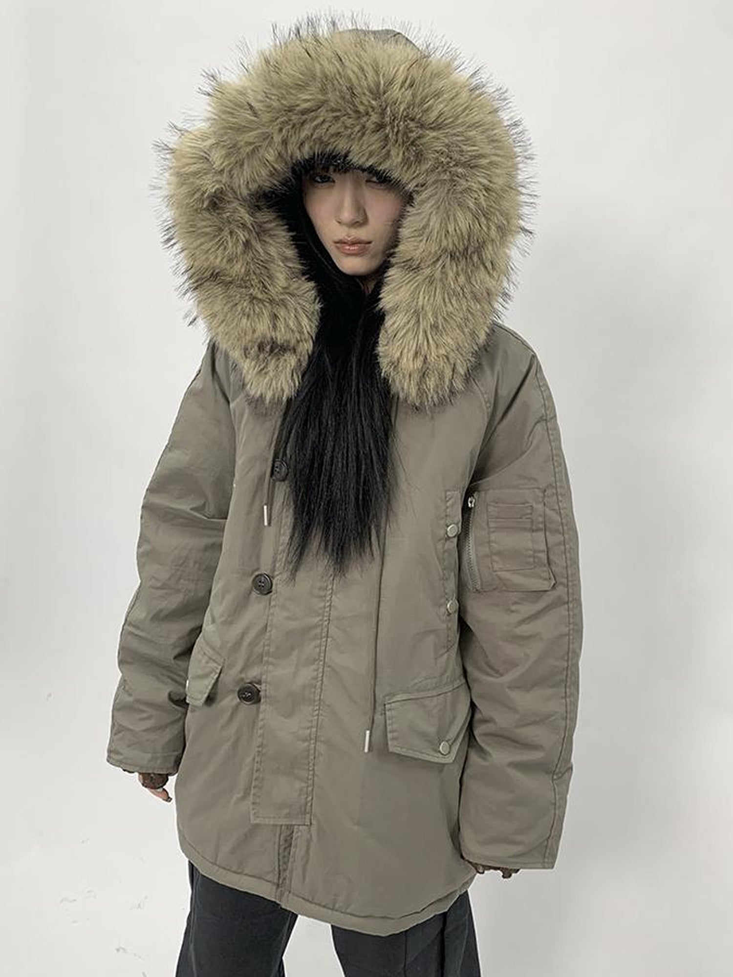 ang project Vintage Detachable Fur Hood Parka Winter Coat