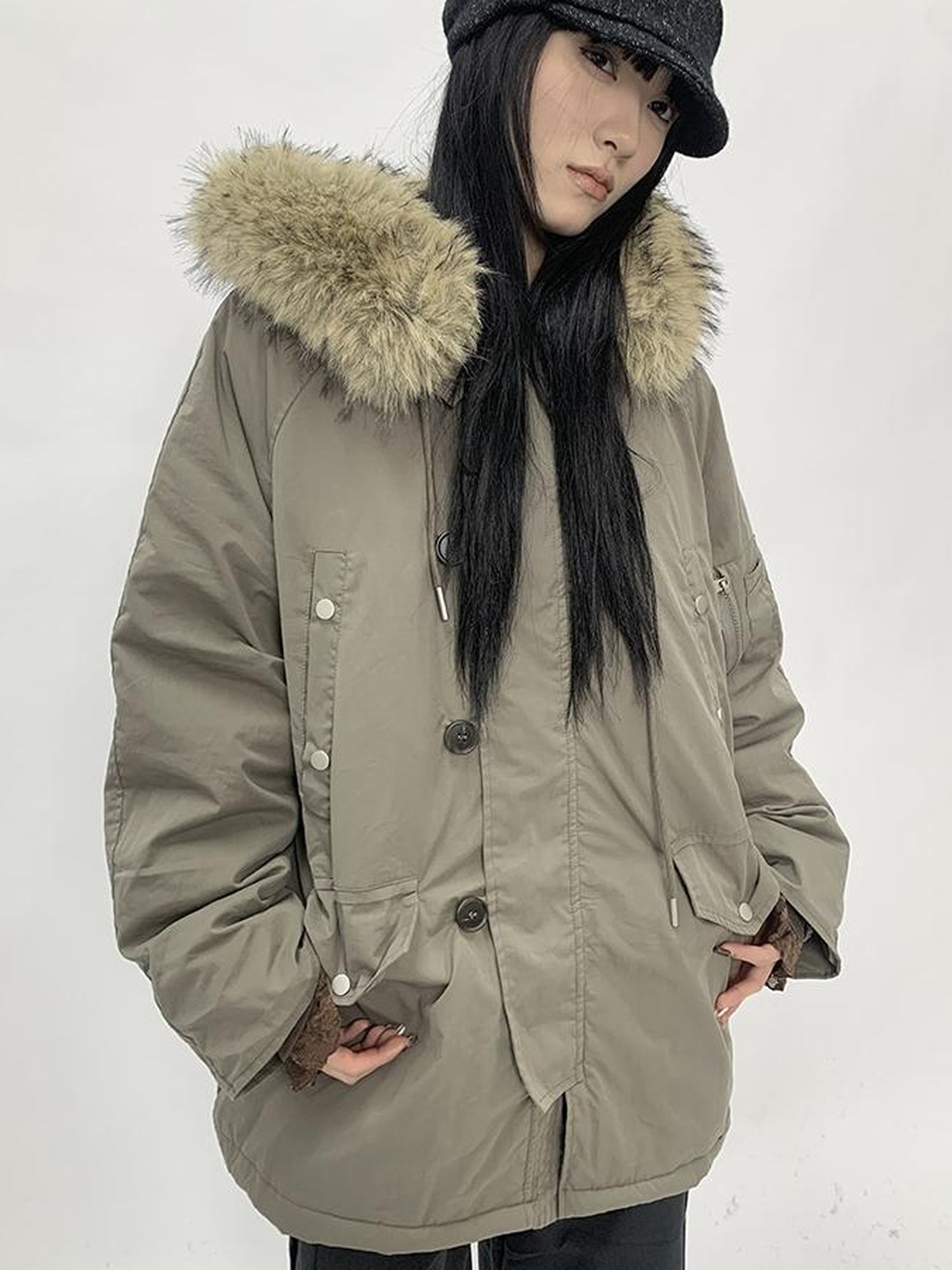 ang project Vintage Detachable Fur Hood Parka Winter Coat