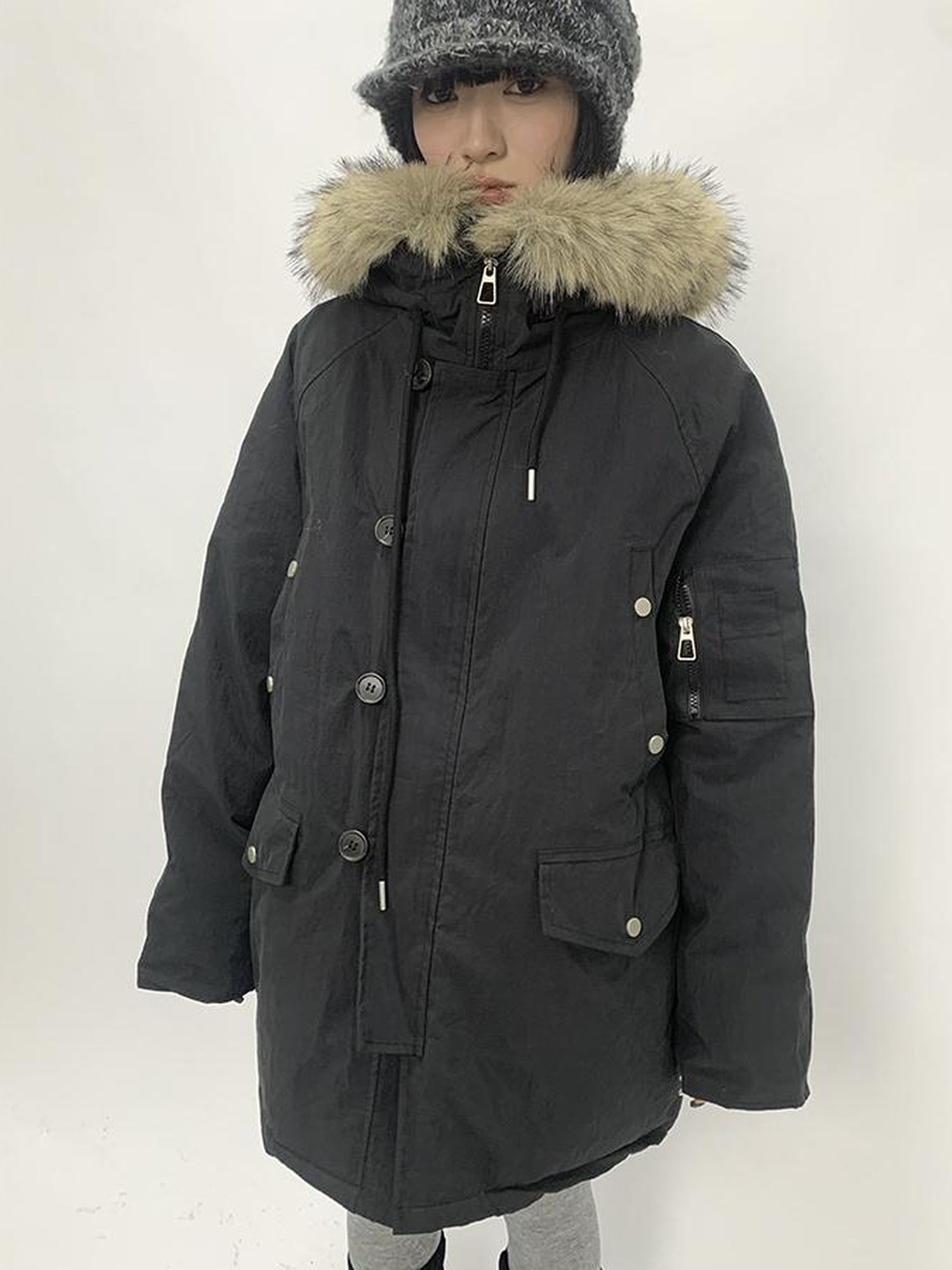 ang project Vintage Detachable Fur Hood Parka Winter Coat