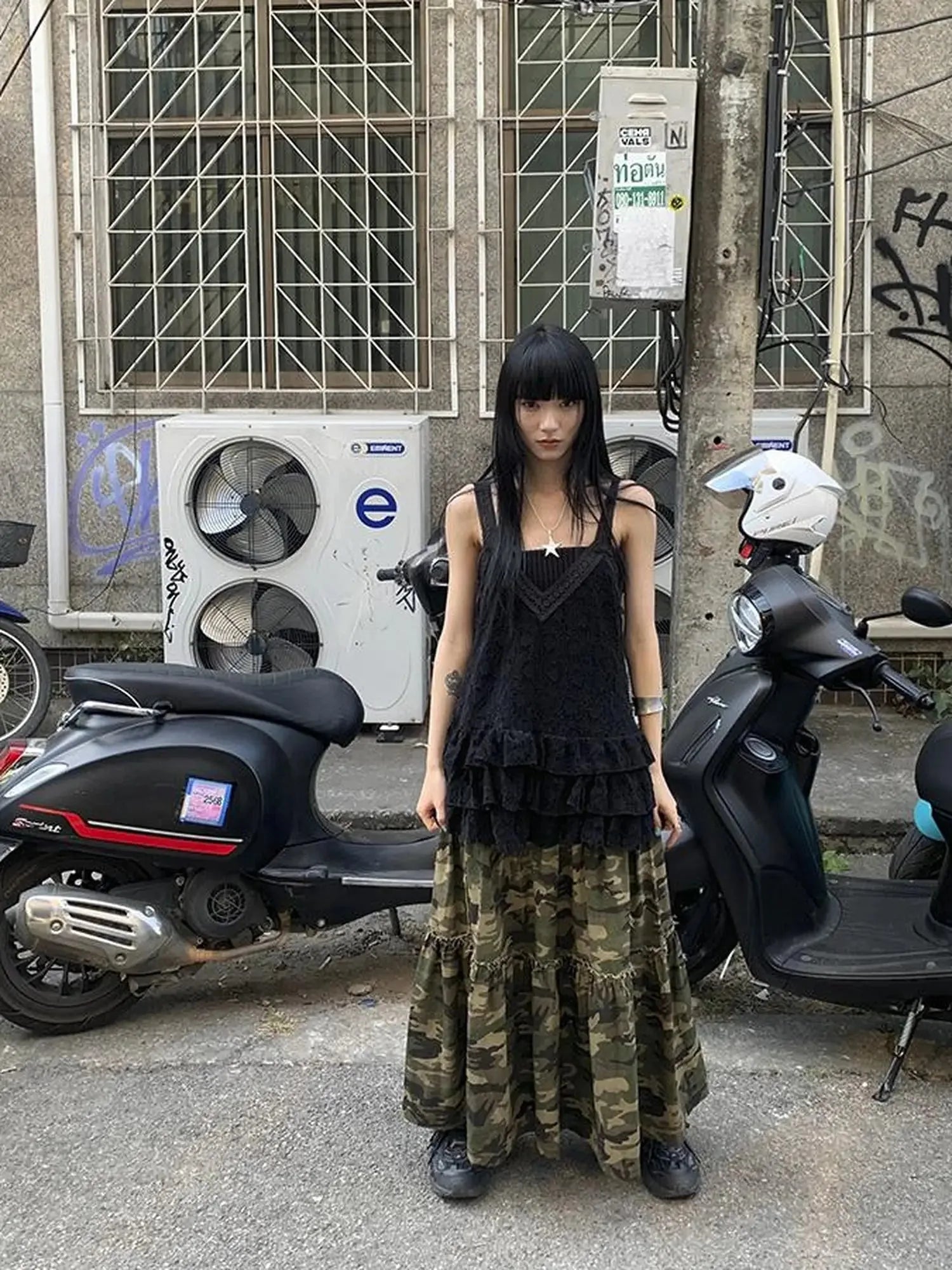 Vintage Distressed Camo Midi Skirt With Elastic Waistband