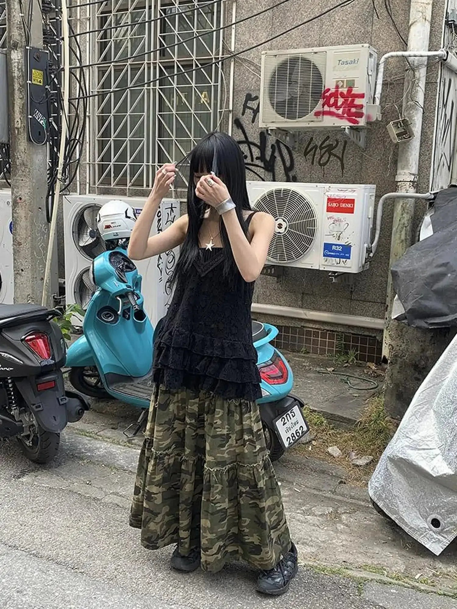 Vintage Distressed Camo Midi Skirt With Elastic Waistband
