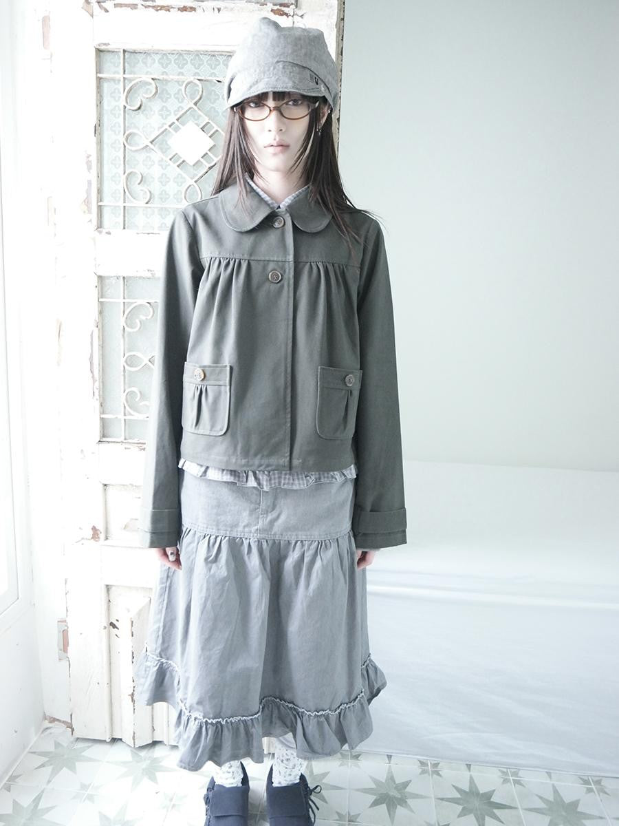 ang project Vintage Distressed Ruched Doll Collar Pocket Women&