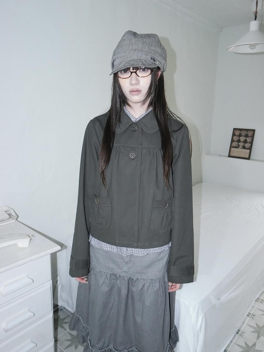 ang project Vintage Distressed Ruched Doll Collar Pocket Women&