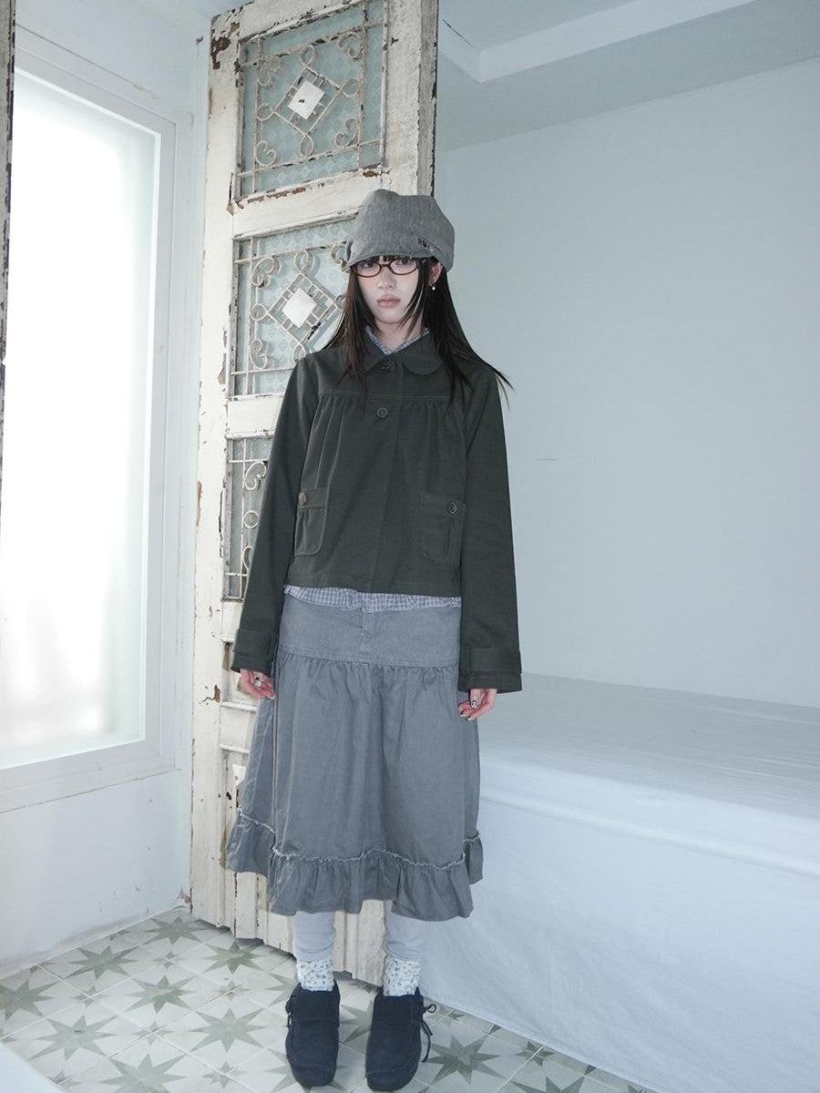 ang project Vintage Distressed Ruched Doll Collar Pocket Women&
