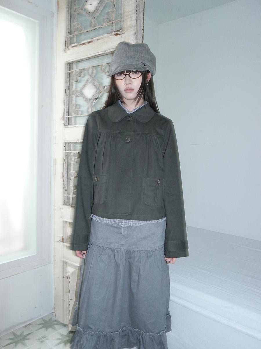 ang project Vintage Distressed Ruched Doll Collar Pocket Women&