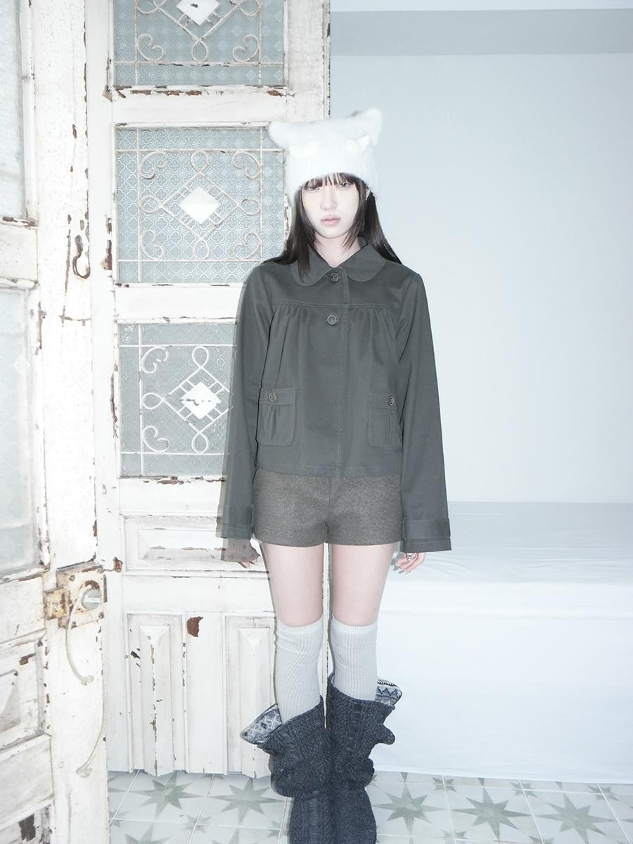ang project Vintage Distressed Ruched Doll Collar Pocket Women&