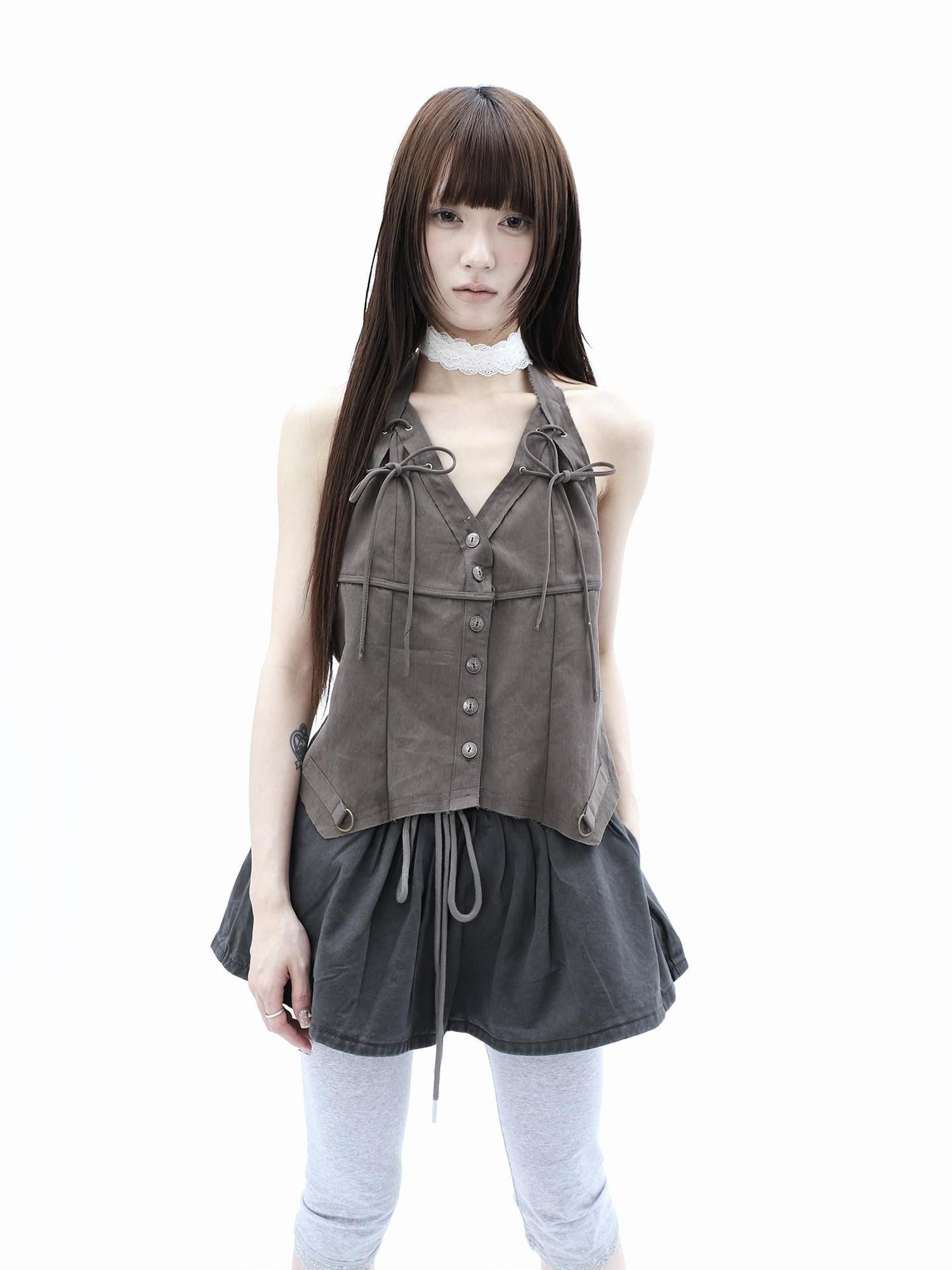 ang project Vintage Distressed V-neck Lace Up Frayed Edges Women&