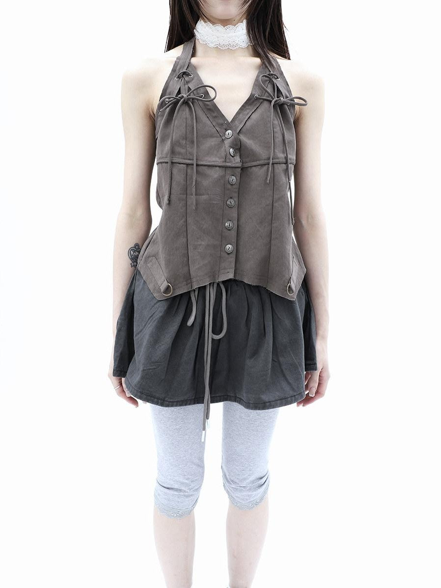 ang project Vintage Distressed V-neck Lace Up Frayed Edges Women&