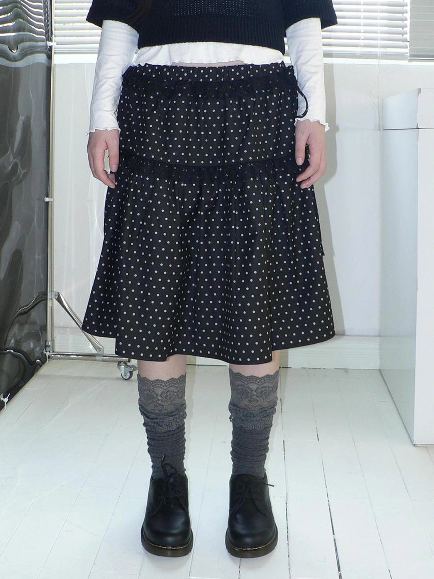 ang project Vintage Dot Print A Line Skirt With Lace Trim Skirt