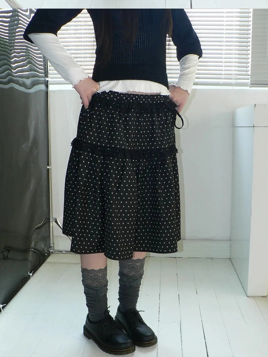 ang project Vintage Dot Print A Line Skirt With Lace Trim Skirt