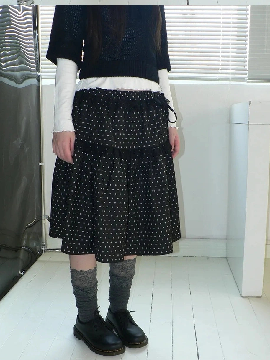 ang project Vintage Dot Print A Line Skirt With Lace Trim Skirt