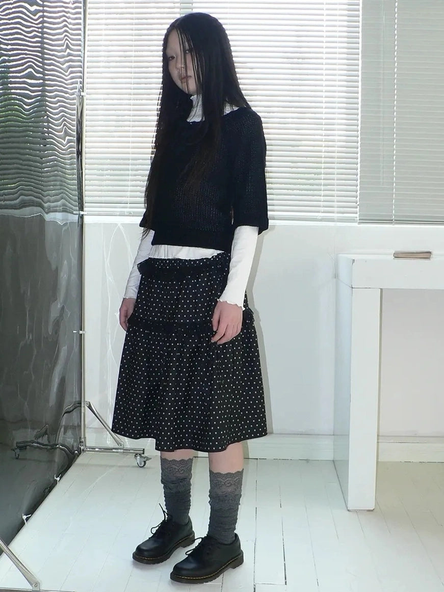 ang project Vintage Dot Print A Line Skirt With Lace Trim Skirt