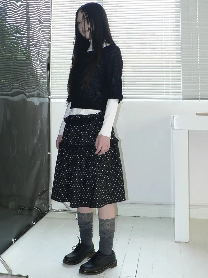 ang project Vintage Dot Print A Line Skirt With Lace Trim Skirt