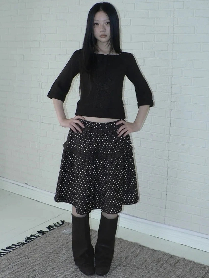 ang project Vintage Dot Print A Line Skirt With Lace Trim Skirt