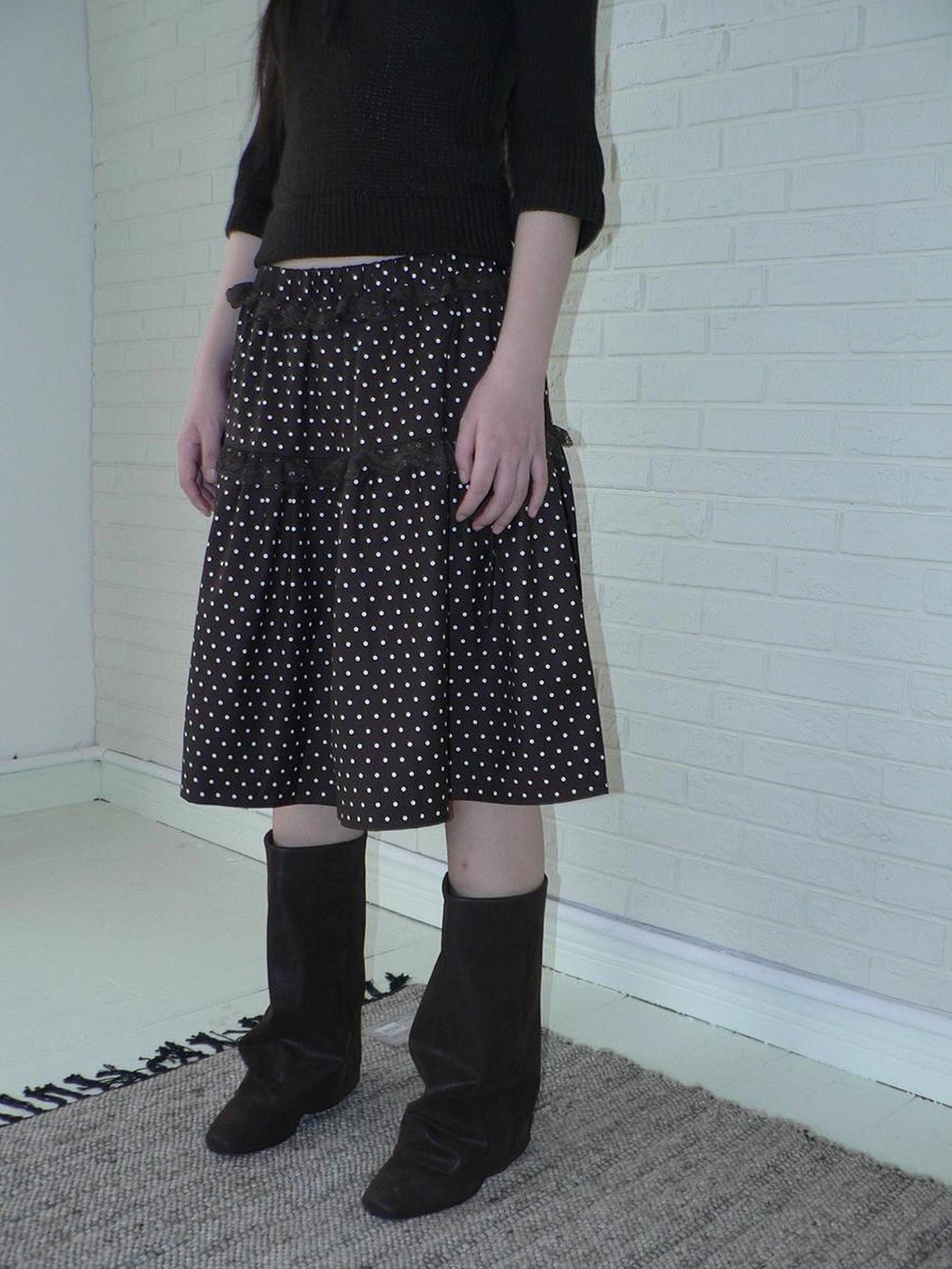 ang project Vintage Dot Print A Line Skirt With Lace Trim Skirt