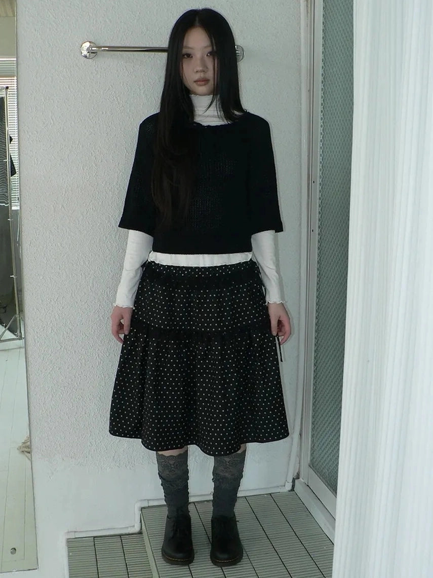 ang project Vintage Dot Print A Line Skirt With Lace Trim Skirt