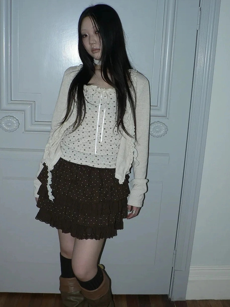 ang project Vintage Dot Print Lace Trim Tiered Mini Skirt Skirt