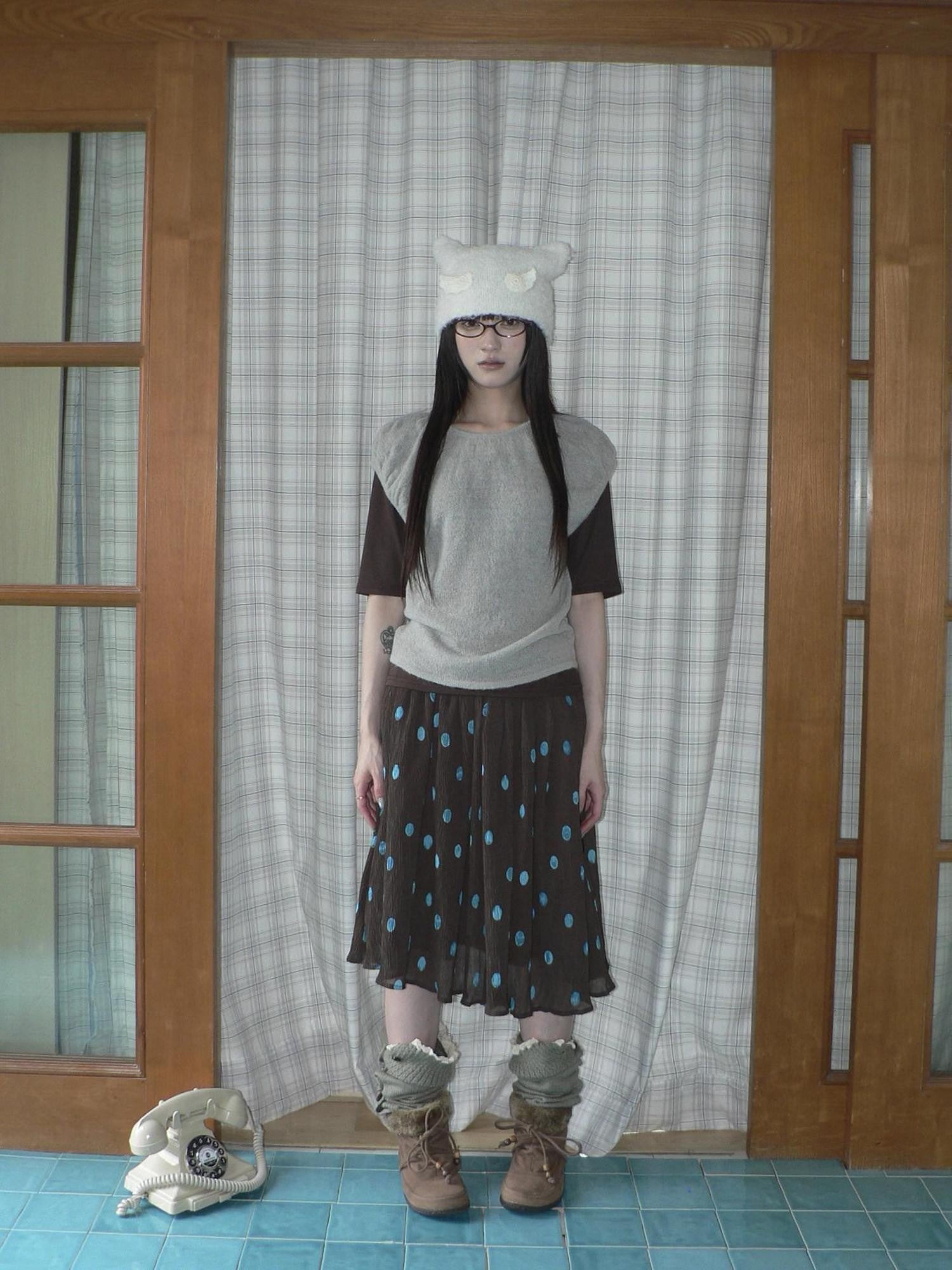 ang project Vintage Drape Contrast Polka Dot Print Elastic Waist Women&